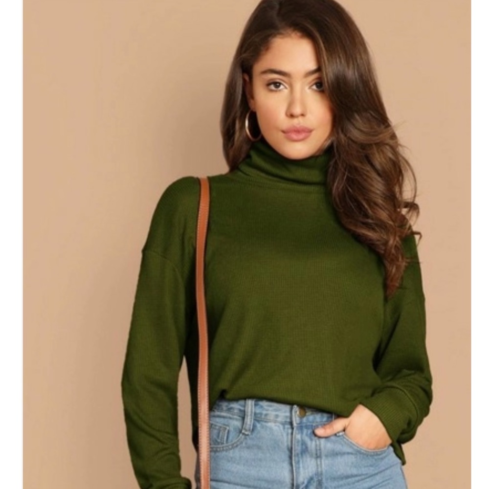 Olive Green Waffle Knit Turtle Neck Shirt